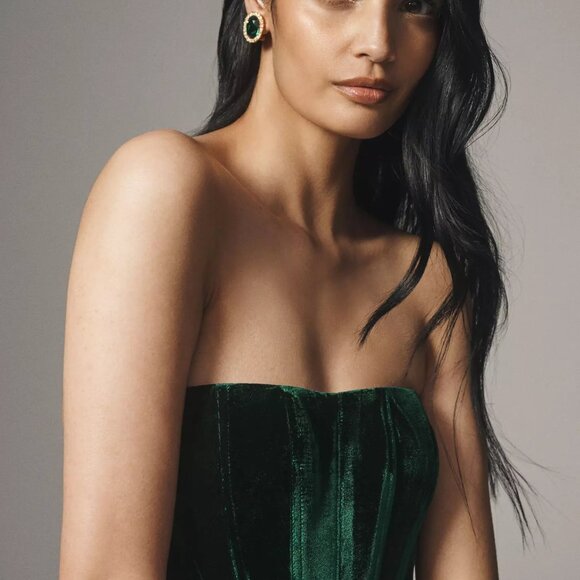 Green Velvet Bardot Dress - Anthropologie - Picture 2 of 4